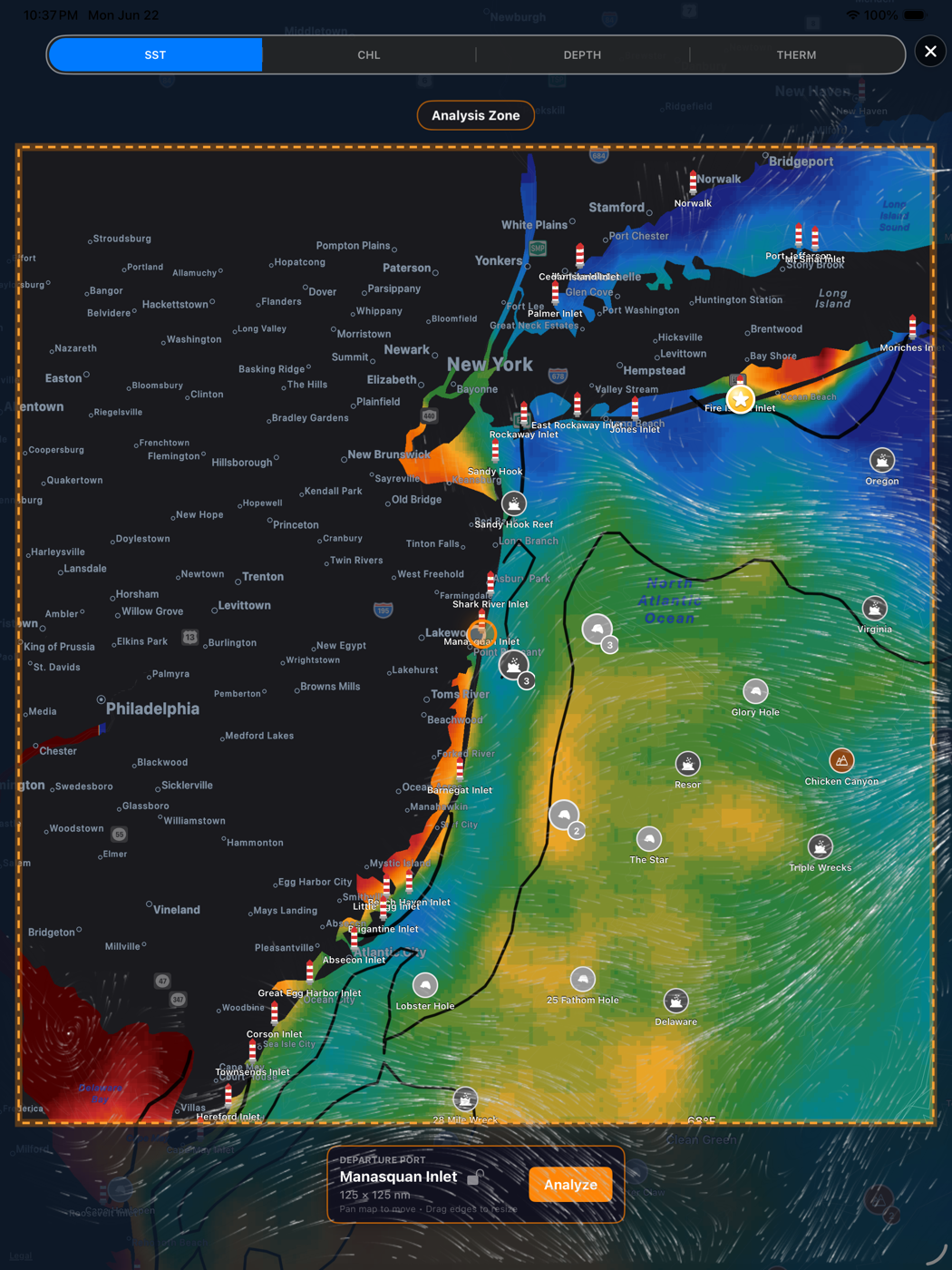 Drawing a DeepCast analysis zone off New Jersey over a sea-surface temperature map