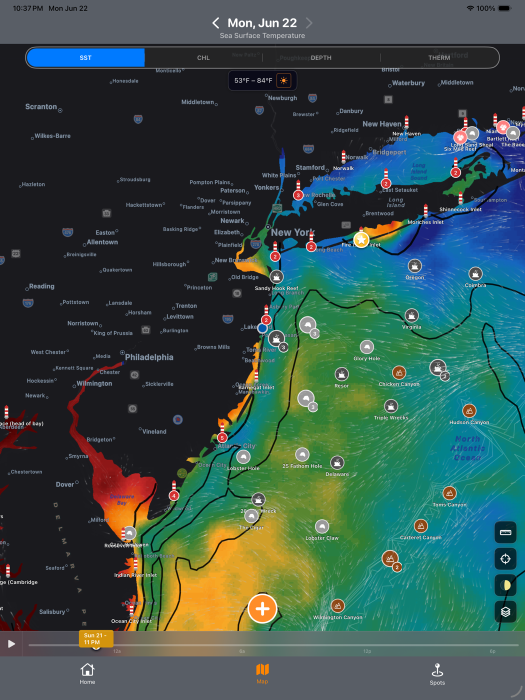 Ocean map with sea-surface temperature layer